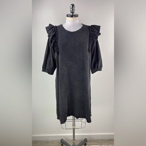 💚 3537. Ruffled Shoulder Black Wash Terry Midi Dress